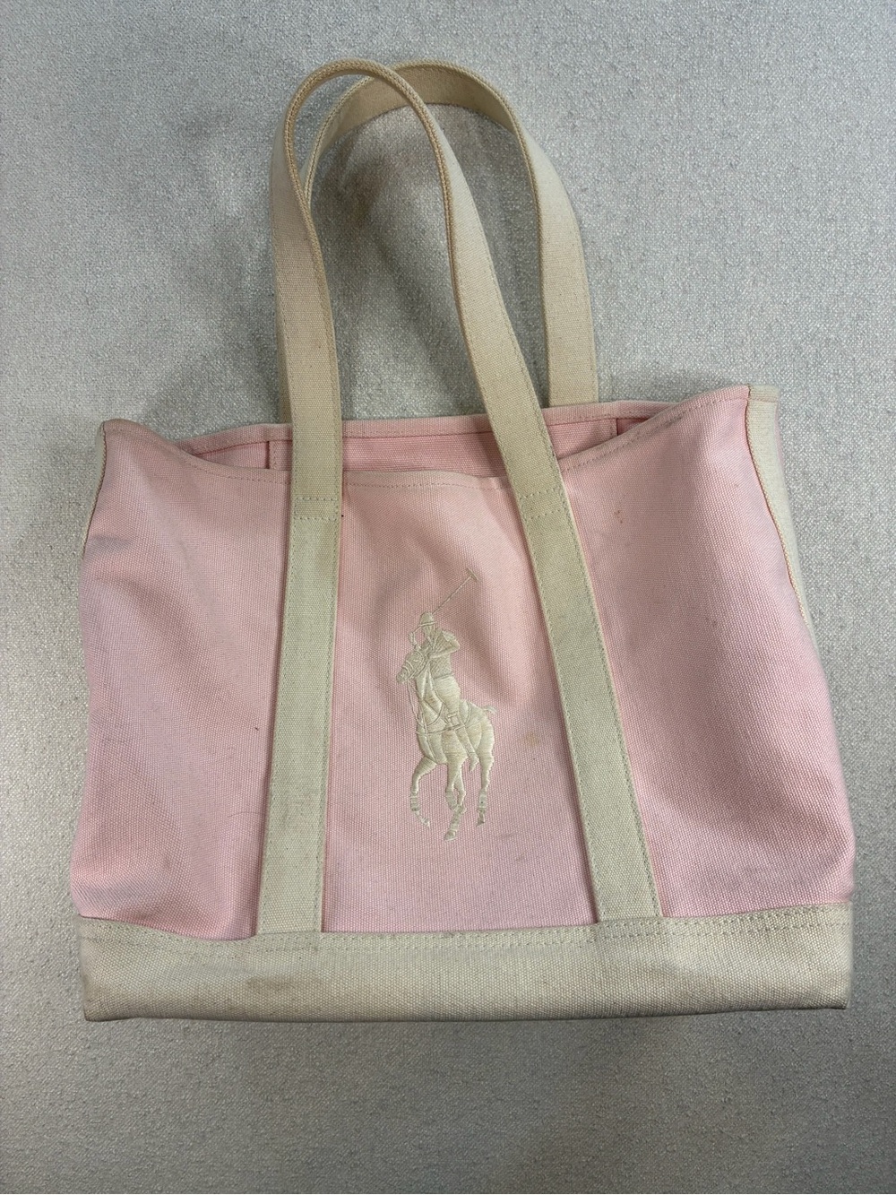 Ralph Lauren Pink Canvas Tote Bag Large Pony Logo Cotton Shopper Beach Bag